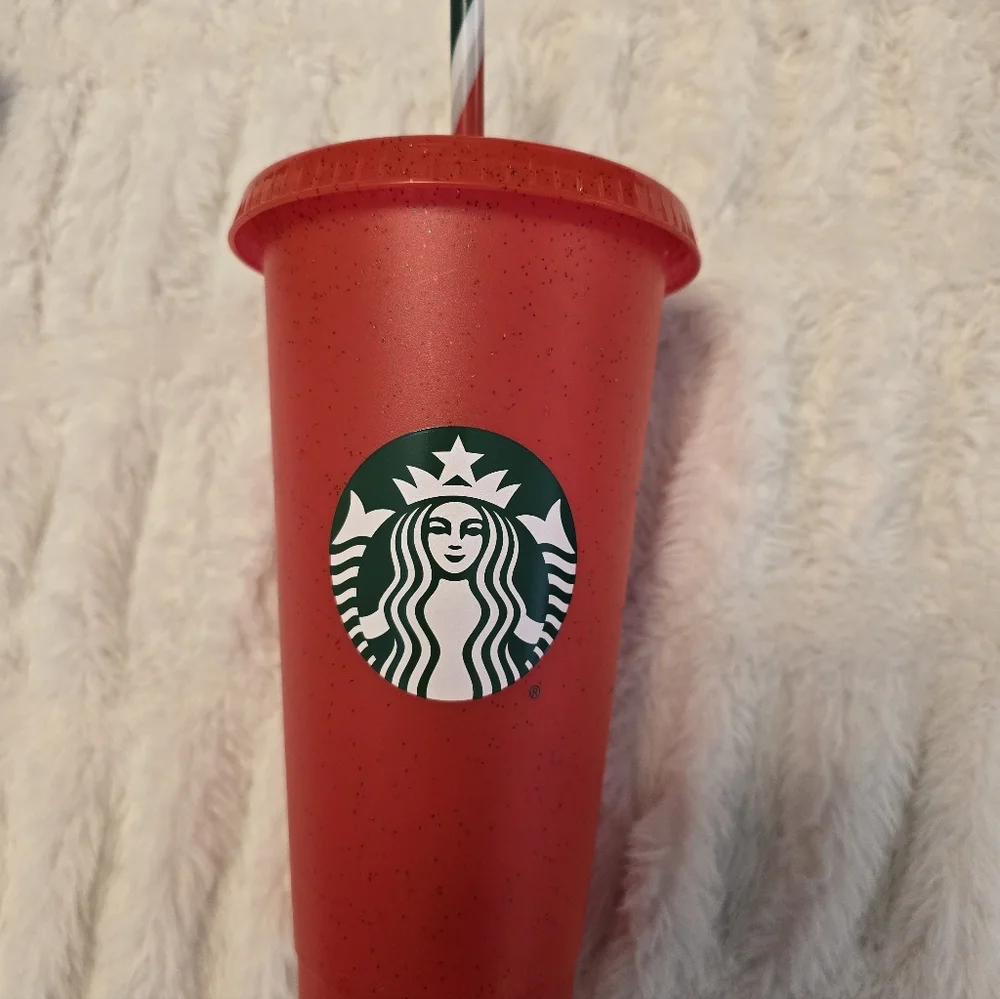 Starbucks 2023 Holiday Red Glitter Cold Cup With Straw And Lid Reusable 24oz New - Picture 2 of 4